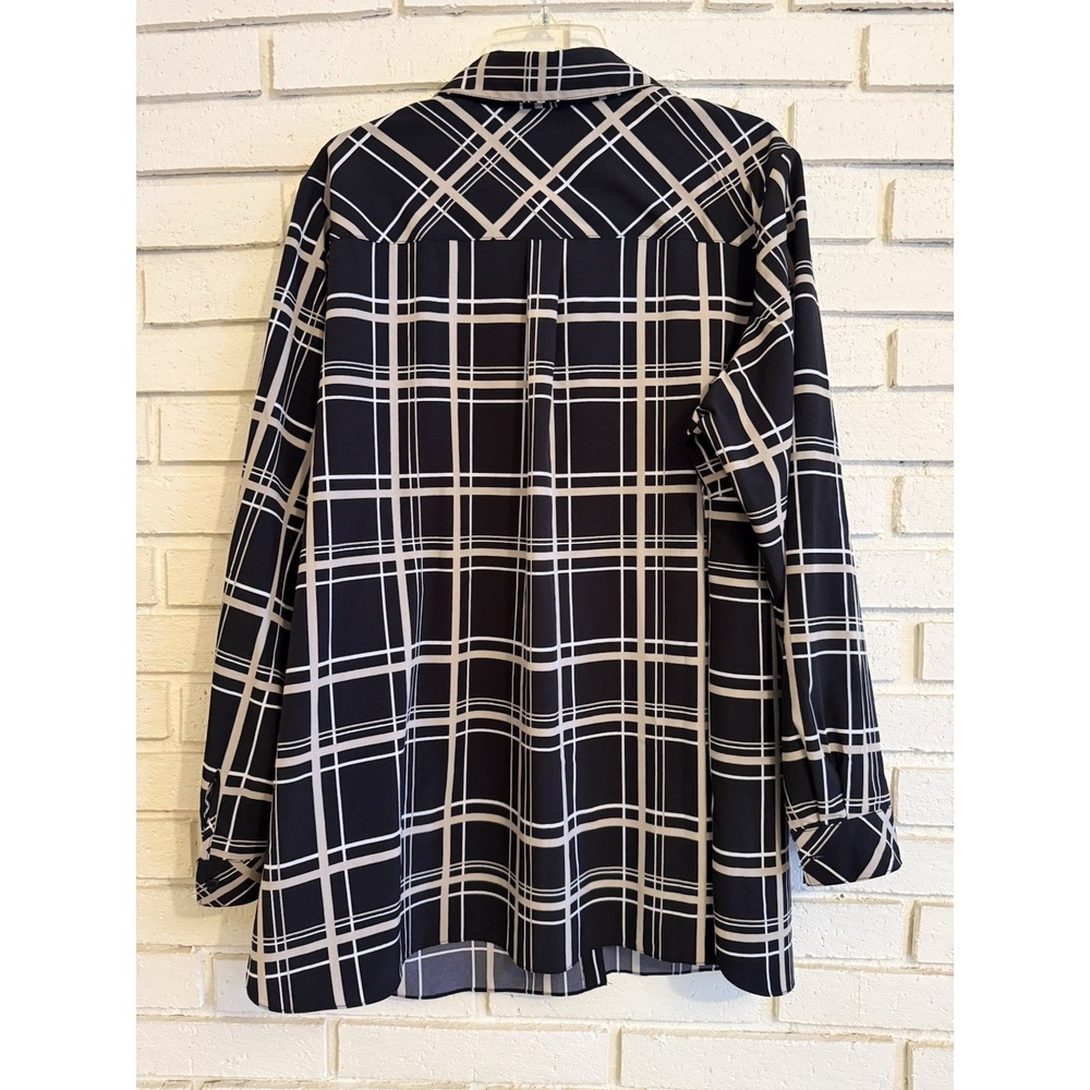Susan Graver Printed‎ Stretch Woven Button Front Tunic Shirt 1X Black Tan Plaid - Picture 4 of 6
